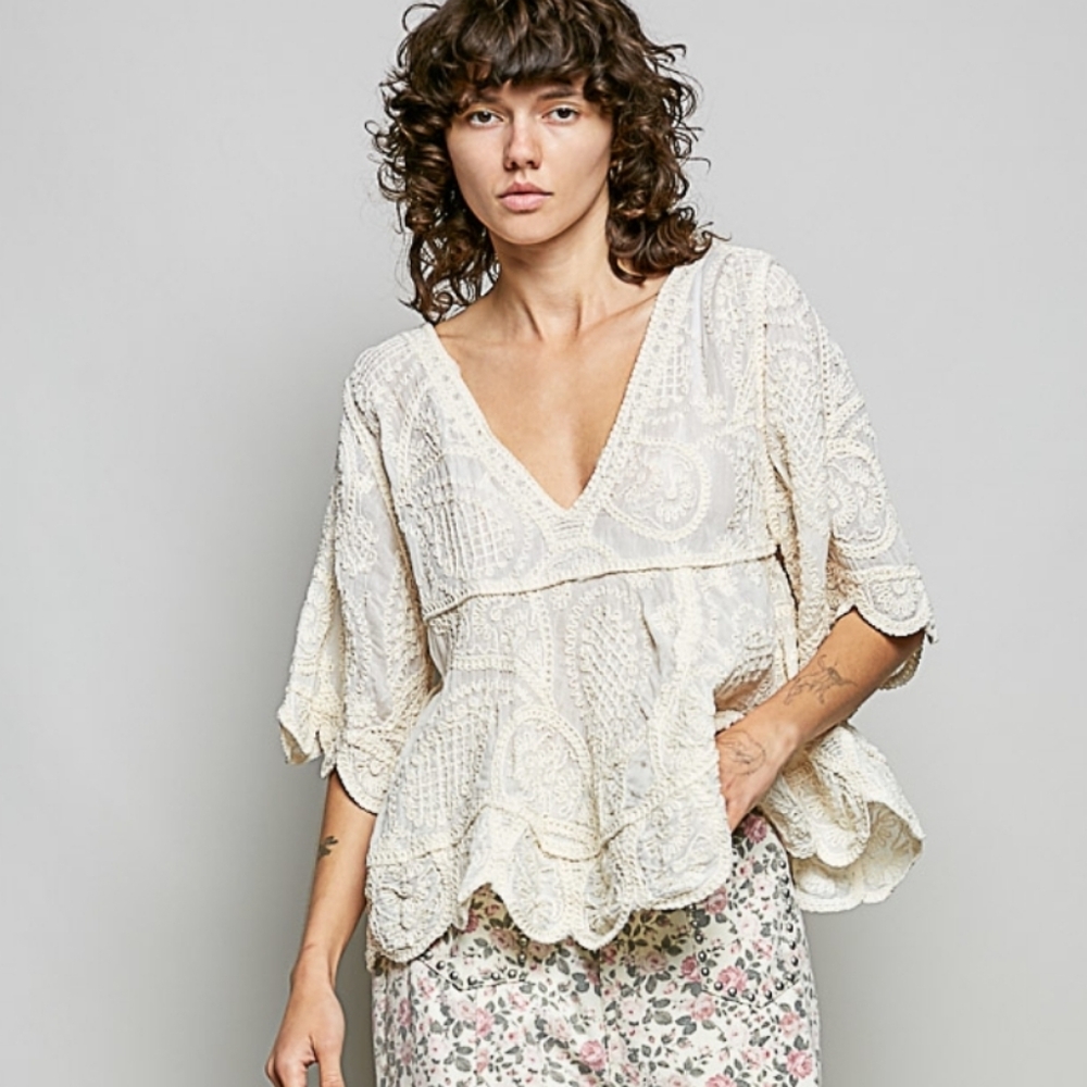 NS12. POL Crochet Bohemian V-neck Oversized Crram Blouse In One Size